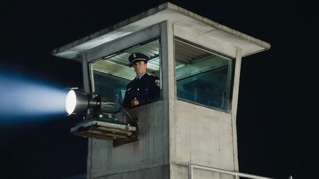 Police with a spotlight on a watchtower.
