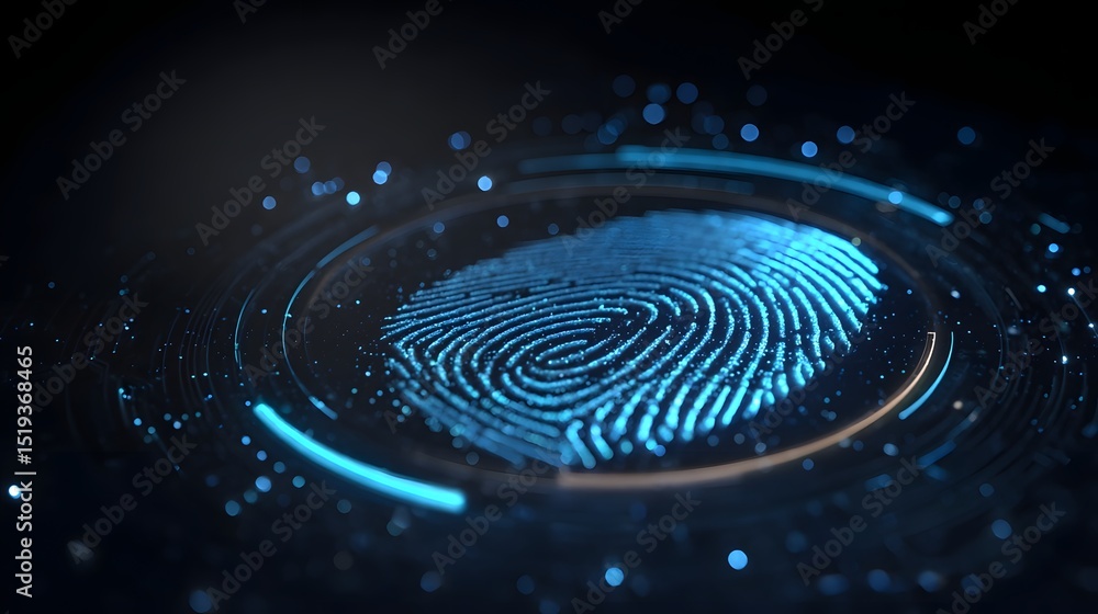 Poster futuristic fingerprint scanner with a glowing biometric security interface