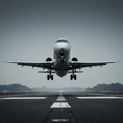 Airplane Landing: Dramatic View of Jet Airliner Touching Down on Runway