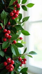 Obraz premium Crimson berries & vibrant green garland, seasonal home accents , red berries, leaves, nature