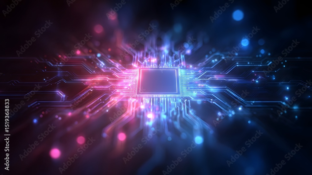 Poster glowing abstract chip in dark space with neon circuits branching outward in symmetry