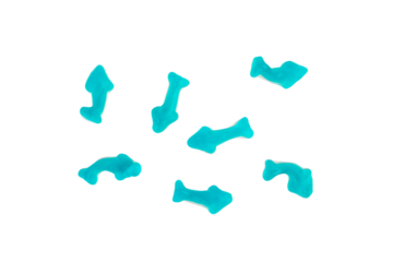 Jelly fish candies. Gummy shark, blue dolphin jelly coated with sugar on a transparent background.