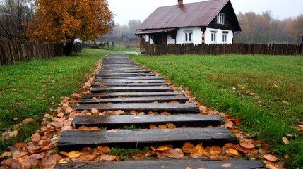 A rustic wooden pathway leads to a cozy house in a rural autumn landscape