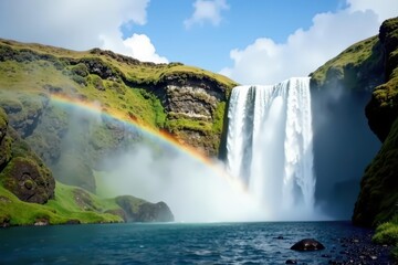 Rainbow arcing over cascading waterfall, mist-shrouded , calm, hope