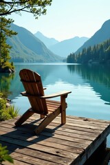 Rustic wooden chair sits on weathered dock overlooking calm Alice Lake, late afternoon sun casts long shadows , serene, dockside, still water