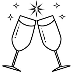 Champagne glass clinking line art vector illustration 
