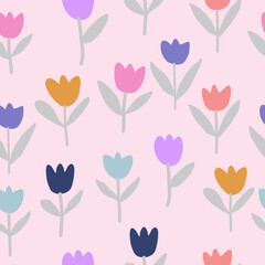 Seamless spring flowers pattern. Floral texture on pink background. Can be used for wallpapers, wrappers, cards, patterns for clothes and other. Seamless tulip pattern
