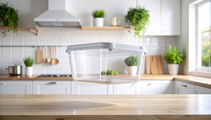 Modern Kitchen Setting with Clear Plastic Food Storage Container on Wooden Table