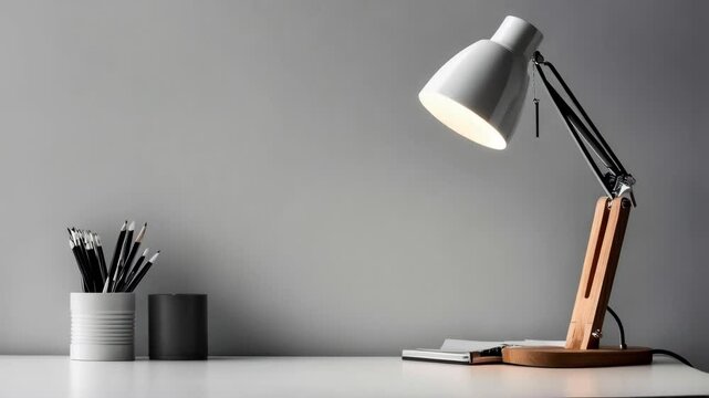 modern desk lamp on white table over white textured background with copy space. Interior design concept