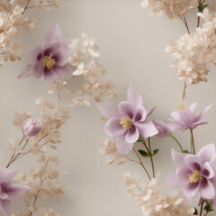 Delicate floral composition with purple flowers and beige blossoms on light background. Elegant botanical pattern for textile, wallpaper, or greeting card design with copy space