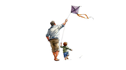 Father and son flying kite illustration watercolor painting art print family outdoor activity together 100