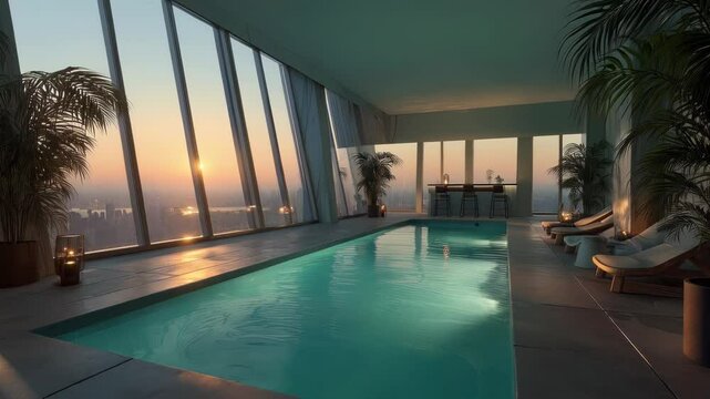An indoor rooftop pool with a bar and lounge area, surrounded by plants and large glass windows overlooking a city skyline at sunset. Concept of luxury and relaxation.