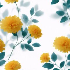 Seamless floral pattern with yellow chrysanthemum flowers and teal leaves on white background. Watercolor style. Elegant design for fabric, wallpaper or greeting card
