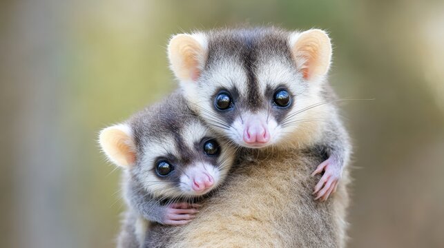 A baby possum clinging tightly to its mothers back as she moves through the trees