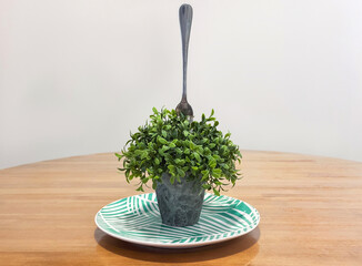 On the wooden table is a plate with a potted plant with a fork in it. The concept of veganism....