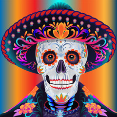 Vibrant sugar skull illustration wearing a traditional Mexican sombrero, perfect for Day of the Dead or Latin culture-themed designs.