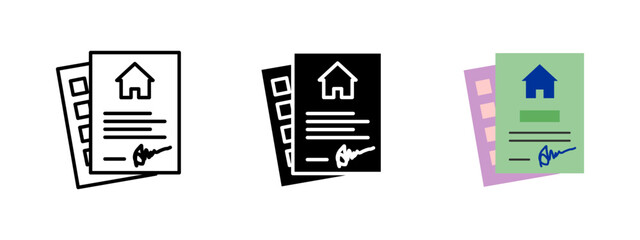 Real estate contract icon. Signed housing document with property symbol vector illustration. Legal agreement and mortgage paper symbol. Official document for home deal sign. Property form pictogram.