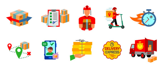 Delivery service icon set. Courier, parcel tracking, express transport, shipping route and logistics colorful elements. Transportation colored symbol. Fast delivery sign. Ecommerce logistics pictogram