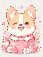 A cute and happy corgi dog smiling and walking in kawaii style, perfect for bringing warmth and joy to any scene.
