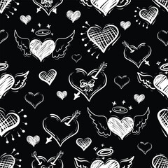 Hand Drawn Vector Creative Doodle Hearts Seamless Pattern Black and White Colors Repeatable Pattern. For decorative gift wrapping paper, Card or Banner Template or Fabric textile prints.