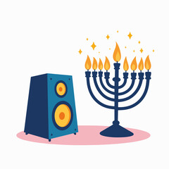 Hanukkah playlist speaker and menorah. Festive Hanukkah celebration with glowing menorah and music speaker playing holiday playlist. Perfect Hanukkah concept for greeting cards, invitations,