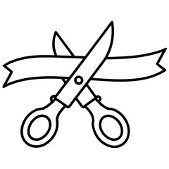 Scissors cutting ribbon line art vector illustration