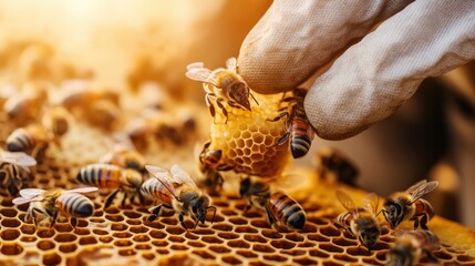 Fototapeta premium A beekeeper inspecting a honeycomb frame, bees buzzing around in golden light