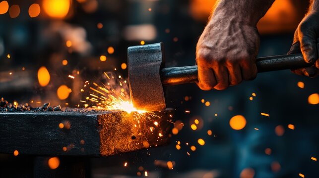 A blacksmith hammering a glowing piece of molten metal on an anvil, sparks bursting with each strike
