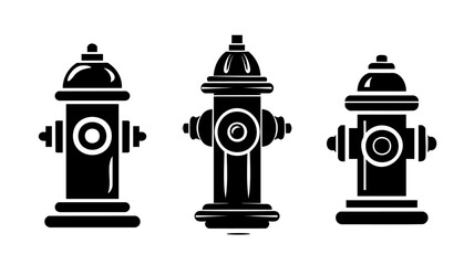 Vector illustration featuring three black fire hydrant icons in different styles, ideal for emergency, fire safety, or infrastructure design.