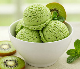 Close-up of a white bowl filled with three scoops of kiwi creamy ice cream, garnished with a fresh kiwi fruit slices.