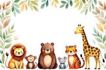 Naklejka premium Adorable watercolor animals with leaf border