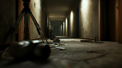 Abandoned Hallway With Broken Camera And Tripod