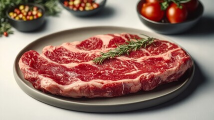 Obraz premium Aromatic Rosemary Garnished Raw Angus Ribeye Steak with Beautiful Marbling on a Gray Plate