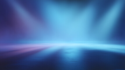 Blue light background with radiant fog and smooth reflective floor creating calm and mysterious atmosphere in clean empty space