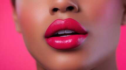 Naklejka premium A close-up of a lipstick bullet gliding smoothly over lips, leaving a bold and vibrant color