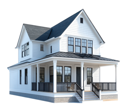White Farmhouse Style House with Porch on a Transparent Background PNG