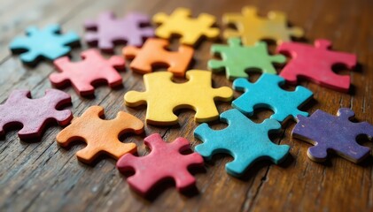 Colorful puzzle pieces scattered on a wooden table, forming a brainstorming concept , idea, problem solving