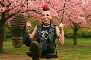 Joyful punk person swinging under cherry blossoms in spring park

