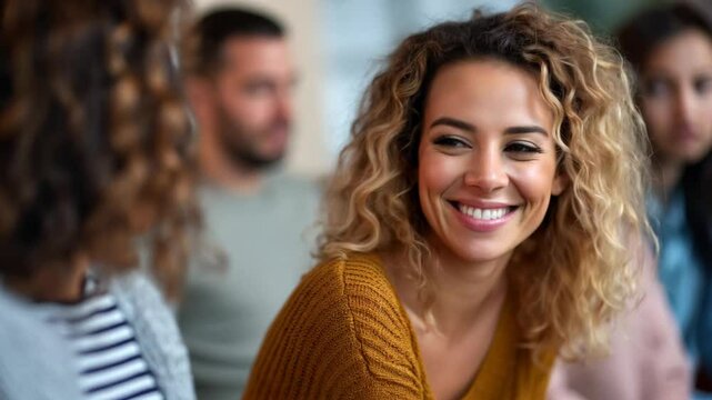 Curly-haired blonde woman in mustard sweater smiling sideways while sitting among a group indoors
