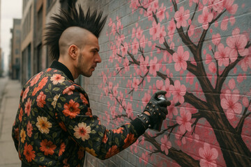 Punk artist spray painting cherry blossom mural on urban wall

