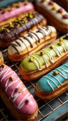 Colorful eclairs with different flavor cream sit on a dark metal rack on display