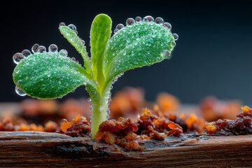 Macro photo of sunflower seedling with morning dew on cotyledons in warm lighting