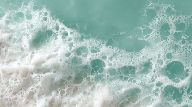 Ocean foam with turquoise water creating natural pattern of bubbles and froth, showing dynamic movement of sea waves and calming effect of seafoam texture