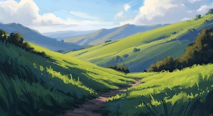 Obraz premium Green Hills Landscape with Path and Blue Sky