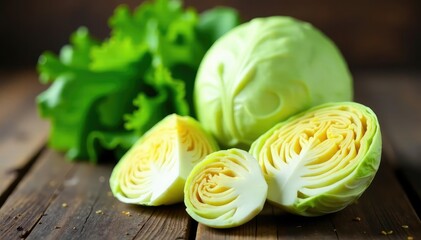 Fresh Napa cabbage, whole head and chopped pieces, on rustic wooden background , plant, preparation