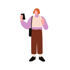 Woman during video call, holding mobile phone, standing outdoors. Young female smiling, waving hand while online communication with smartphone. Flat vector illustration isolated on white background