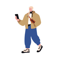 Woman walking with mobile phone in hand. Young female, girl holding smartphone, reading and surfing online while going outdoors on street. Flat vector illustration isolated on white background