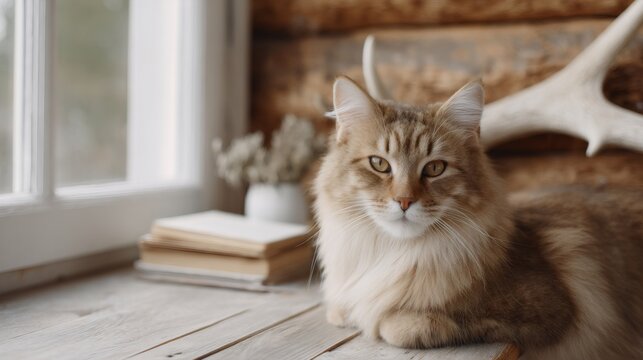 Fluffy domestic long haired cat relaxing near window sill with book and antler decor. Natural light pet portrait. Cozy home interior and reading atmosphere concept