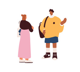 Man and woman talking outdoors. Modern young male and female friends standing on street, chatting. People communication, conversation, dialogue. Flat vector illustration isolated on white background