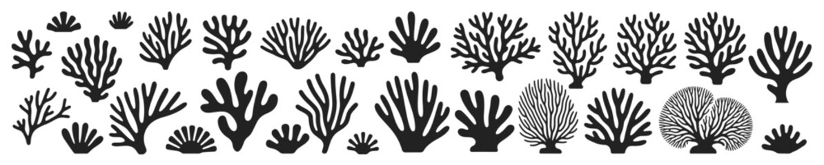 Fototapeta premium Silhouettes of coral reef formations in assorted organic shapes and sizes, vector illustration set. Black coral icons representing underwater sea.